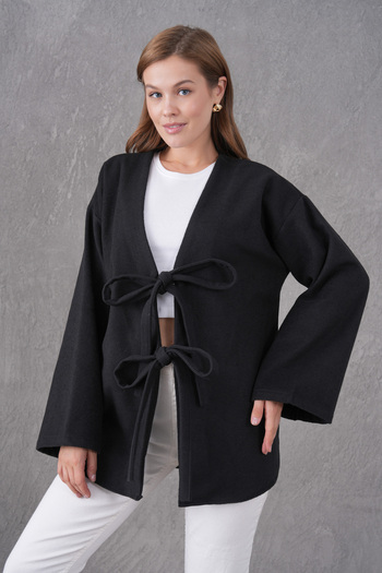 Giyim Gezegeni Black Cashmere Kimono with Tie Front – Women's Oversized Stylish Autumn Winter New Season Jacket Tunic