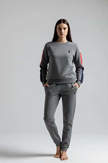 U.S. Polo Assn. Women's Anthracite Color Striped Sleeves Elastic Leg Pajama Set C5T1N102