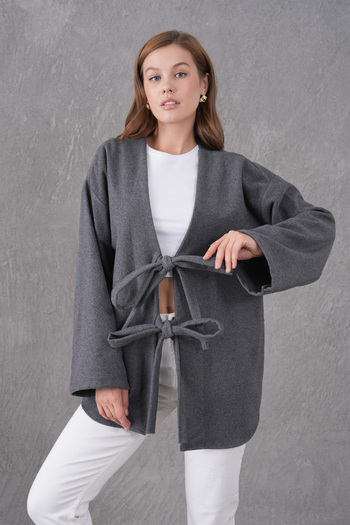 Giyim Gezegeni Gray Cashmere Kimono with Tie Front – Women's Oversized Stylish Autumn Winter New Season Jacket Tunic