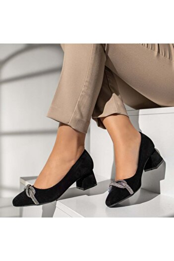 BMoD Women's black suede shoes with a thick heel and rhinestones MOD13979