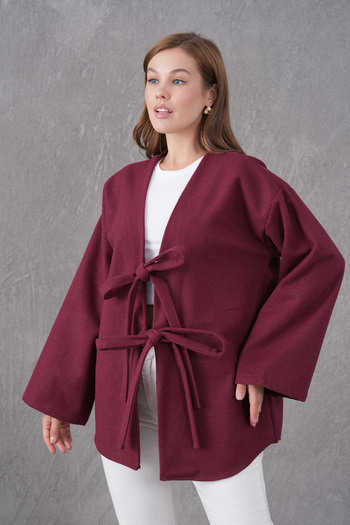 Giyim Gezegeni Burgundy Cashmere Kimono with Tie Front – Women's Oversized Stylish Autumn Winter New Season Jacket Tunic