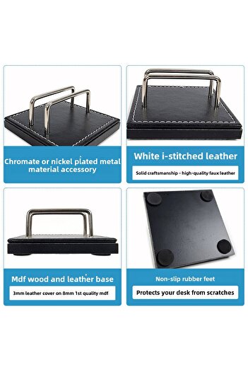 prozenis Pr4279 Black Luxury Office Desktop Business Card Holder with Wood-Leather Base and Chrome Detail