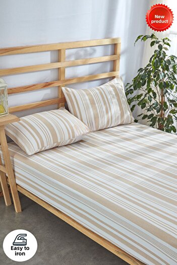 Sares Home Striped Pattern Cappuccino Double Size King Size Fitted Sheet Set