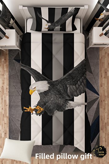 Talia Home Black and White Black Eagle Patterned Single Children's Quilt Sleeping Set