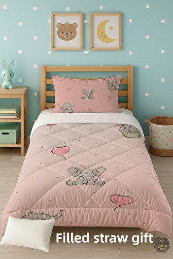Talia Home Heart Elephant Patterned Single Children's Quilt Sleeping Set Tlag-272