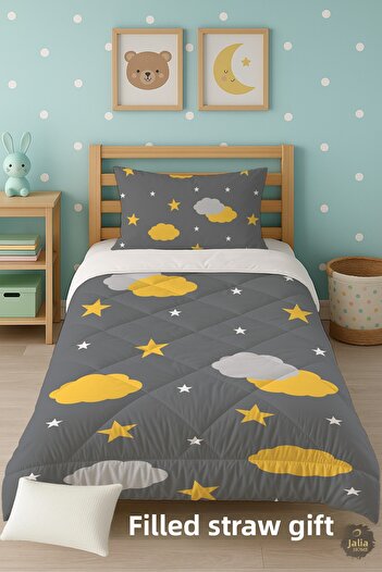 Talia Home Yellow Gray Patterned Single Children's Quilt Sleeping Set Tlag-100