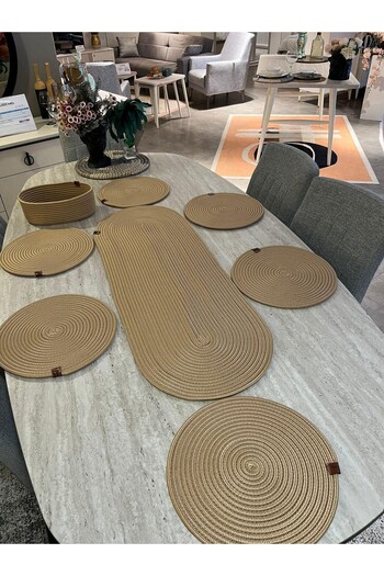 Türkmen Ev Tekstil Jute, Wicker Color American Service, 6Supla 1 Runner, 1 Bread Basket, Plate Mat, Supla Set