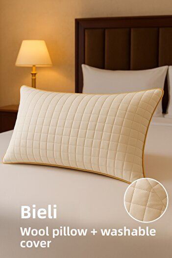 MEŞELİ TEKSTİL 2-Piece Natural Luxury Wool Pillow and Wool Pillowcase with Special Bias Tape Detail |   Durable Organic