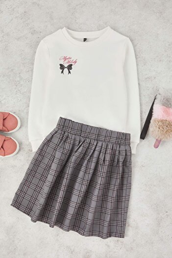 TRENDYOLKIDS Ecru Girl's Plaid Crew Neck Regular Skirted Woven Bottom - Top Set Tkdaw26Au00040