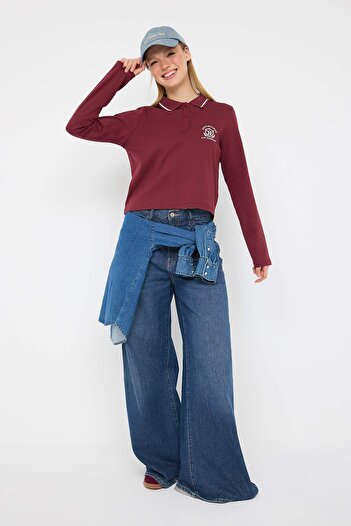Trendyol Collection Teen Burgundy Tok ύφασμα κεντημένο γιακά πόλο με κουμπιά κανονική/τυπική πλεκτή μπλούζα TWOAW26BZ00014