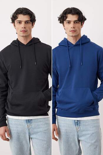 Trendyol Collection Black-Navy Blue 2-Pack Hooded Regular Fit Inside Fleece Sweatshirt Tmnaw24Sw00000