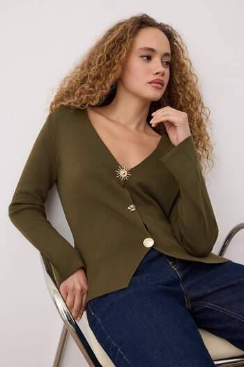 Trendyol Collection Khaki Trend Button Detailed Knitwear Cardigan Twoaw26Hi00121