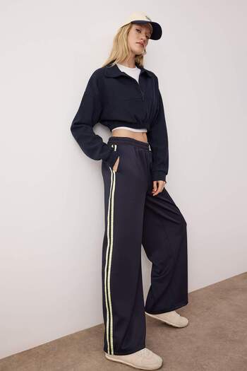 Trendyol Collection Navy Blue Ribbed Wideleg/ Wide Leg Knitted Sweatpants Twoaw26Ea00017