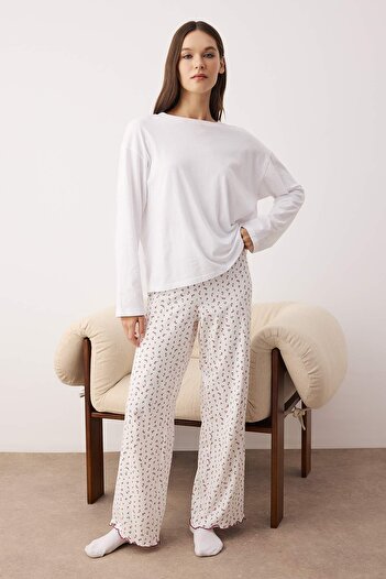 Trendyol Collection Navy Blue-White 2-Piece Floral Cotton Lycra Single Jersey Knitted Pajama Bottoms Thmaw26Pj00005