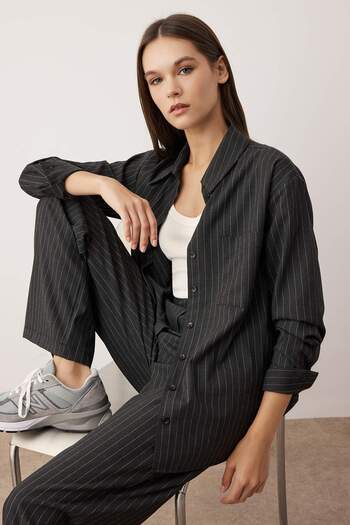 Trendyol Collection Anthracite Striped Shirt Pants Woven Woven Bottom - Top Set Twoaw26Au00074