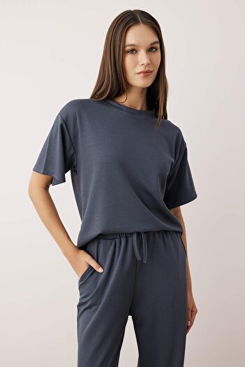 Trendyol Collection Anthracite Short Sleeve Crew Neck Relaxed/Comfortable Fit Flexible Knitted Bottom - Top Set Twoaw26Au00084