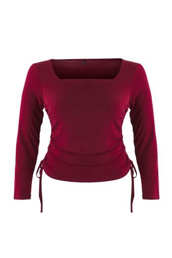 Trendyol Curve Tile Square Collar Side Gathered Knitted Plus Size Blouse Tbbaw25Af00041