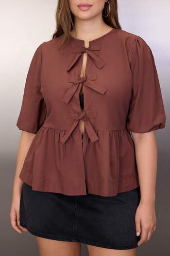 Trendyol Curve Καφέ Φιόγκος Πλεκτό Μπλούζα Plus Size TBBAW25AF00021
