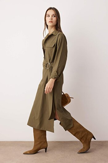 Trendyol Collection Khaki Belted A- Cut Midi Woven Dress Twoaw26El00176