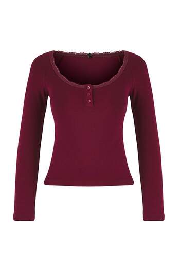 Trendyol Collection Teen Burgundy Pool Collar Button Lace Detail Body Fitting Stretch Knitted Blouse Twoaw26Bz00106