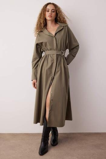 Trendyol Collection Khaki Belted Midi Woven Dress Twoaw26El00338