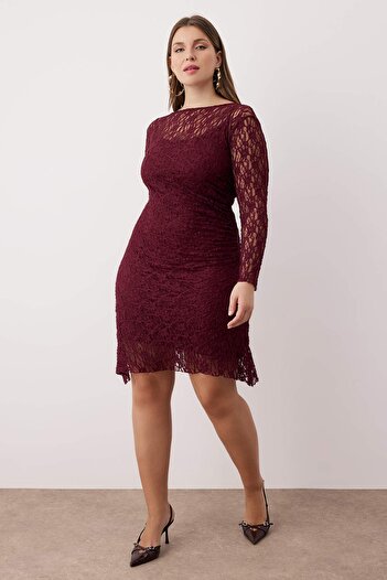 Trendyol Curve Teen Plum Lace Knitted Mini Plus Size Dress Tbbaw26Ah00042