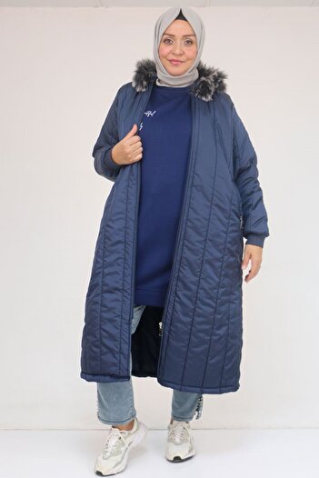 Eslina 33093 Large Size Hooded Quilted Jacket-Navy Blue
