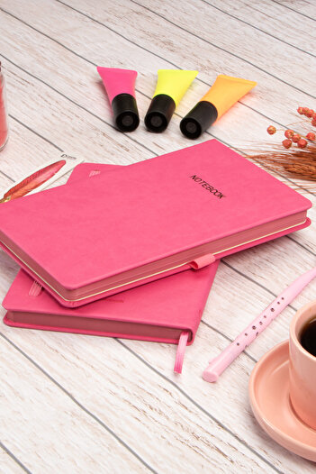 DİVAL 13X21 cm Pink Leather Hard Cover Dotted Undated Stitched Note School Note School Notebook