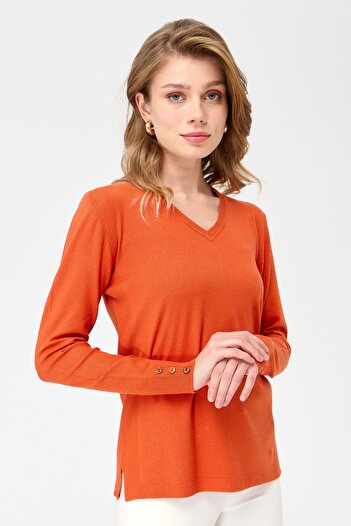 Desen Triko Women's V-Neck Sleeves Buttoned Glitter Blouse Orange