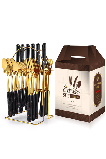 Trendy's 24-piece stainless steel cutlery set, with stand, TRENDY'S, black gold