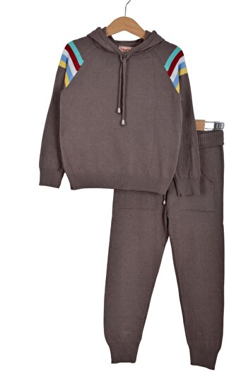 Minora Knitwear Unisex Hooded Stripe Detailed Set Brown