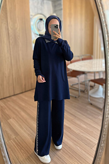 Ka Hijab Stone Detailed Mercerized Suit - Navy Blue