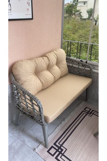 Tu Tienda KARTEPE 2 1 1 RATTAN BAHÇE BALKON TAKIMI,BEJ KUMAŞ/GRİ RATTAN ÖRGÜ