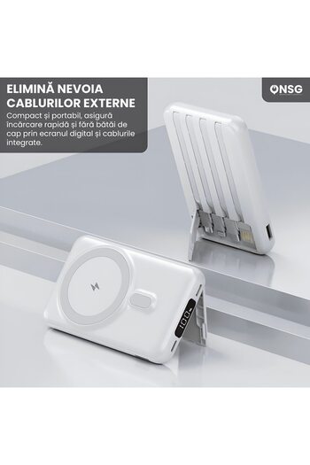 Sunix 10000mAh Powerbank with MagSafe, 4in1 Integrated Cables and Wireless Charging, White