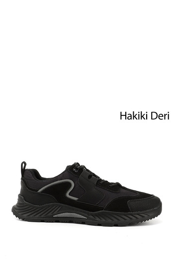 GÖNDERİ(R) Men's Black Lace-Up Rubber Sole Genuine Leather Sneakers