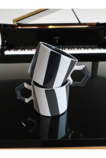 Simge Seramik 2 Pcs Handcrafted Stripe Two Colors Natural Ceramic Mug Mug Tea / Cappuccino Cup