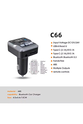 yumax Bluetooth FM Transmitter Araç Kiti C66 | 30W Hızlı Şarj, USB/SD/MP3, Tüm Araçlara Uyumlu