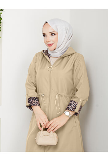 RACE FASHİON Leopard Patterned Bondit Fabric Elastic Waist Hooded Waterproof Trench Coat Rc1205010