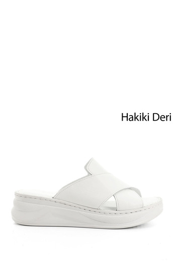 GÖNDERİ(R) Women/Girls White Cross-Strapped Wedge Heel Genuine Leather Comfort Slippers