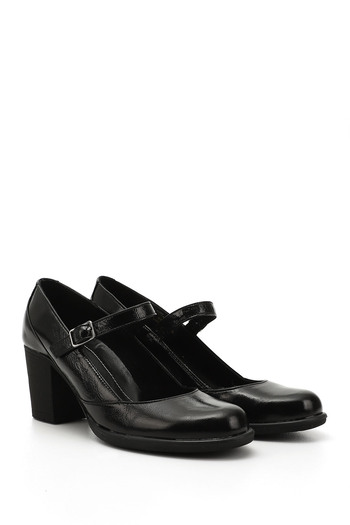 GÖNDERİ(R) Women/Girls Black Patent Leather Blunt Toe Medium Thick Heeled Genuine Leather Shoes