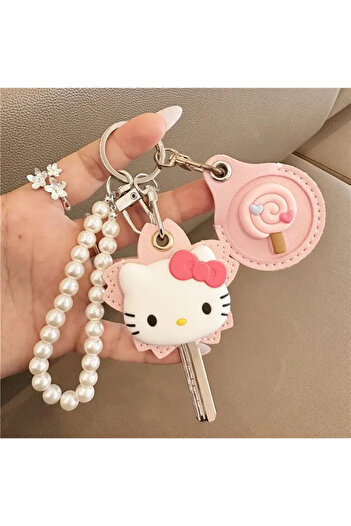 Miniso pink Sanrio Hello Kitty Key Protection Cover Keychain Access Card Holder Cute Anime Pearl Key Chain