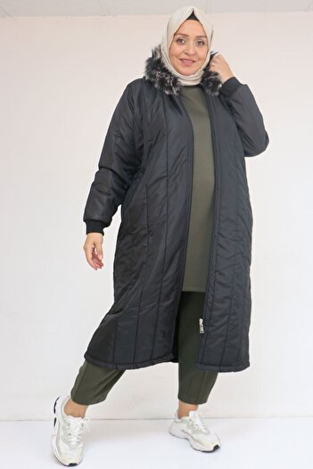 Eslina 33093 Large Size Hooded Quilted Jacket-Black