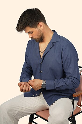 Etikmen Indigo Linen Apaj Collar Relax Fit Men's Shirt