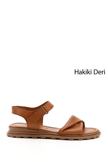 GÖNDERİ(R) Women / Girls Tan Antique Velcro Strap Genuine Leather Sandals