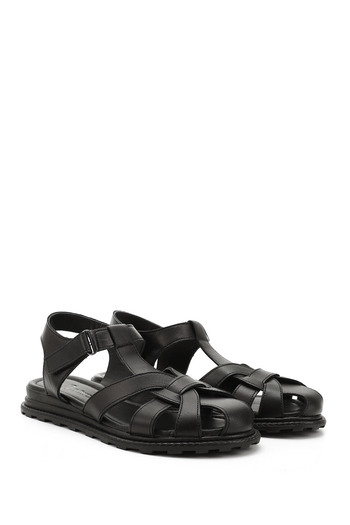GÖNDERİ(R) Women / Girls Black Velcro Strap Closed Toe Genuine Leather Sandals