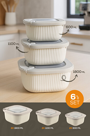 Vienev Beige 6-Piece Vip Lid Special Storage Set Suitable for Microwave and Freeze - 600-1100-1800 ml