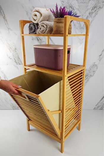 Digithome Bambu Kirli Sepetli 2 Raflı Çok Amaçlı Banyo Düzenleyici Çamaşır Sepeti Organizer Db-0001