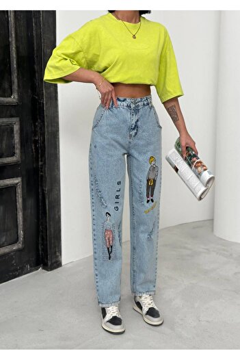 Avelin moda Kadın Kemerli Retro Yama İşlemeli Jean Pantolon – Yüksek Bel, Rahat Kalıp