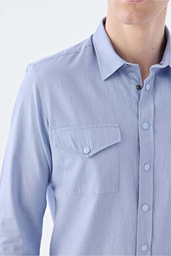 Jakamen Mavi Comfort Fit Cepli Çıtçıtlı %100 Pamuk Kot Gömlek