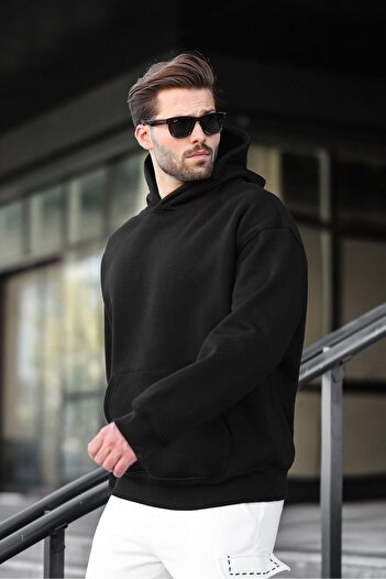 Madmext Black Hooded Kangaroo Pocket Men's Sweatshirt E7169